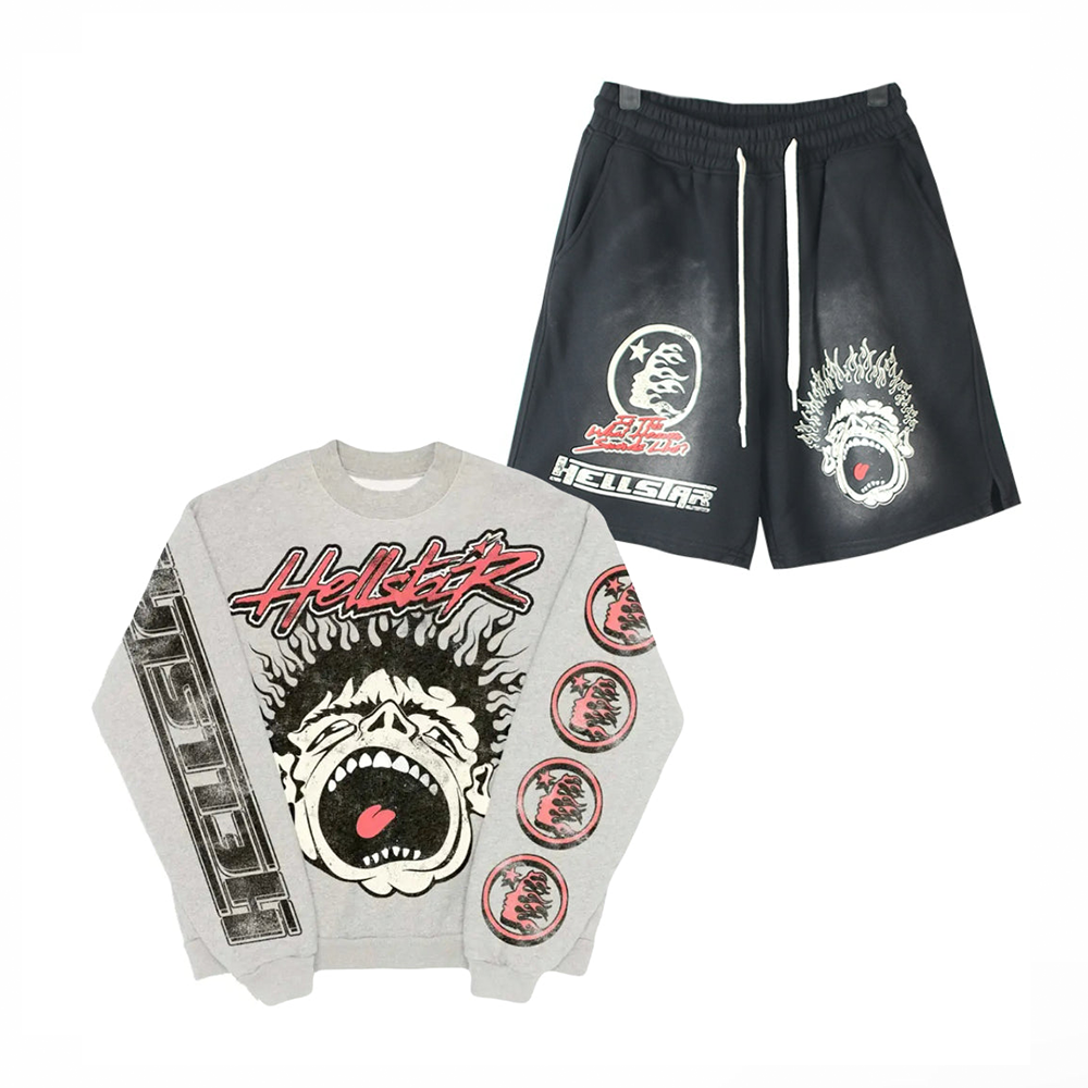 Hellstar Records Crewneck Heather Grey Shirt/Shorts (2-Piece)