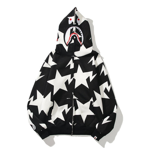 Star Print Designer Shark Full Zip Up Unisex Hoodie Style Streetwear Made with High-Quality Material