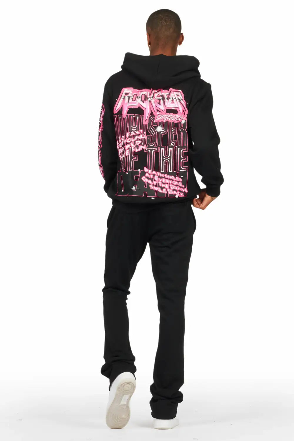 Obern Black/Pink Graphic Hoodie/Stacked Flare Pant Track Set (2-Piece)