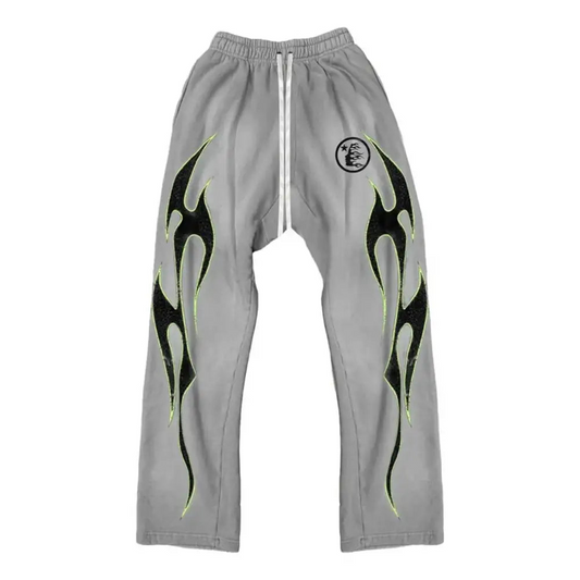 Hellstar Studios Grey/Green Future Flame Flared Sweatpants
