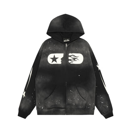 Hellstar Hoodie/Shorts Dripped Noir Unisex Studios Zip Up – Edgy Style with an Artistic Flair