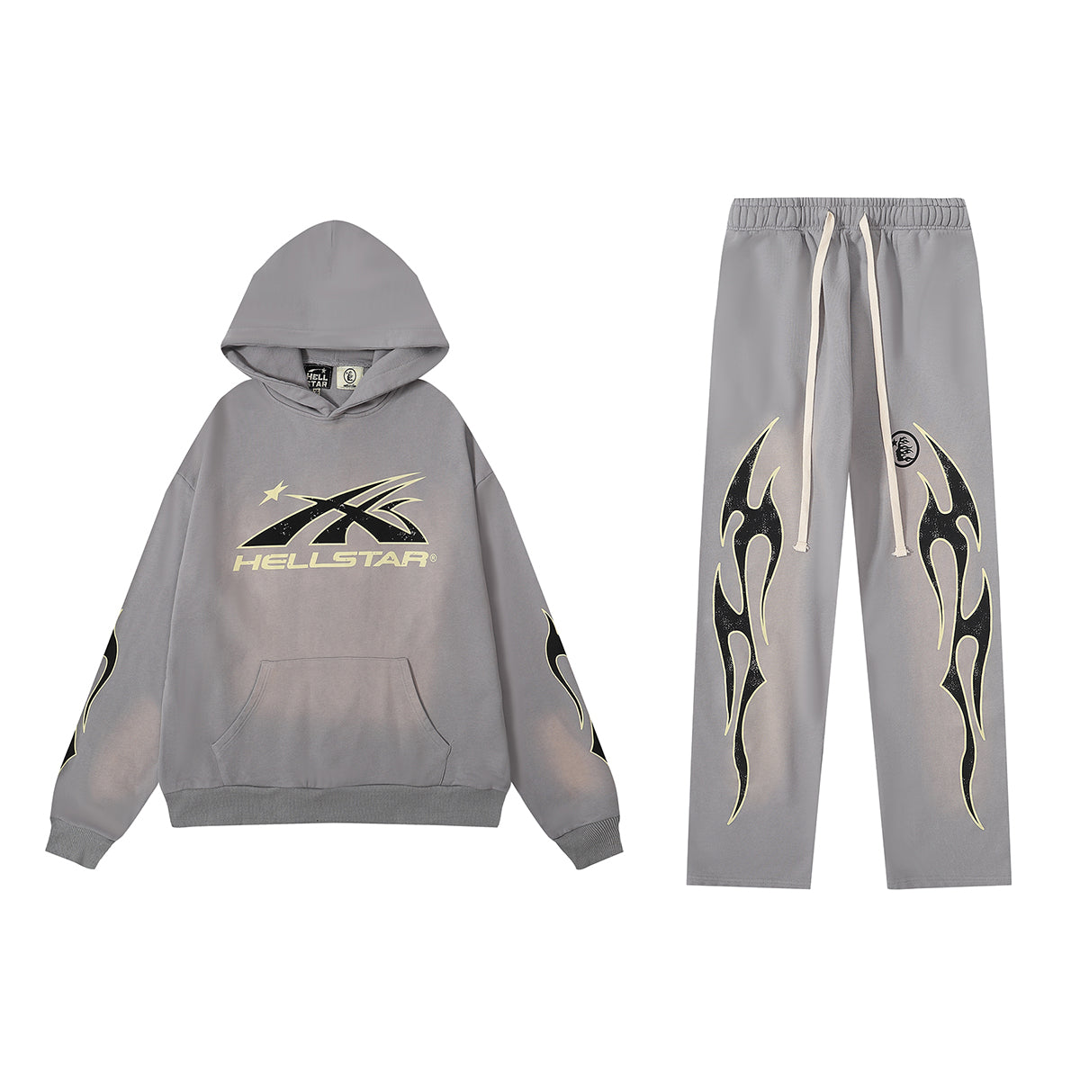 Hellstar Faded Grey Hoodie/Pants With Yellow Logo (2-Piece)