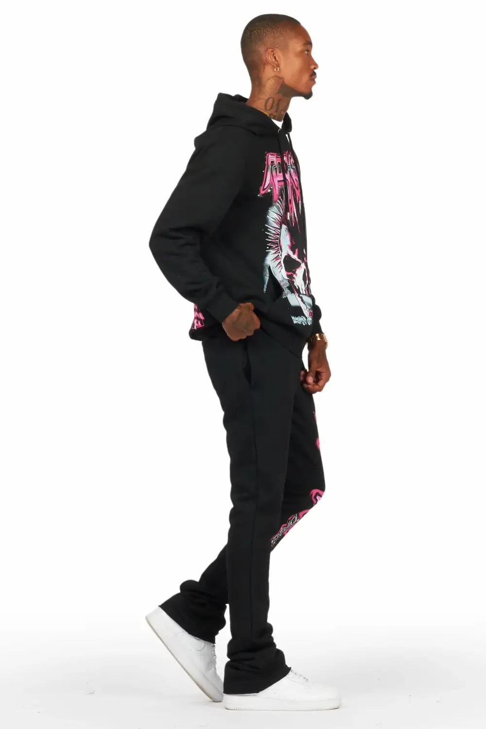 Obern Black/Pink Graphic Hoodie/Stacked Flare Pant Track Set (2-Piece)
