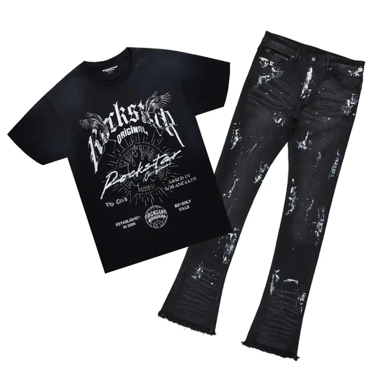 Tally Black T-Shirt/Stacked Flare Jean Set (2-Piece)