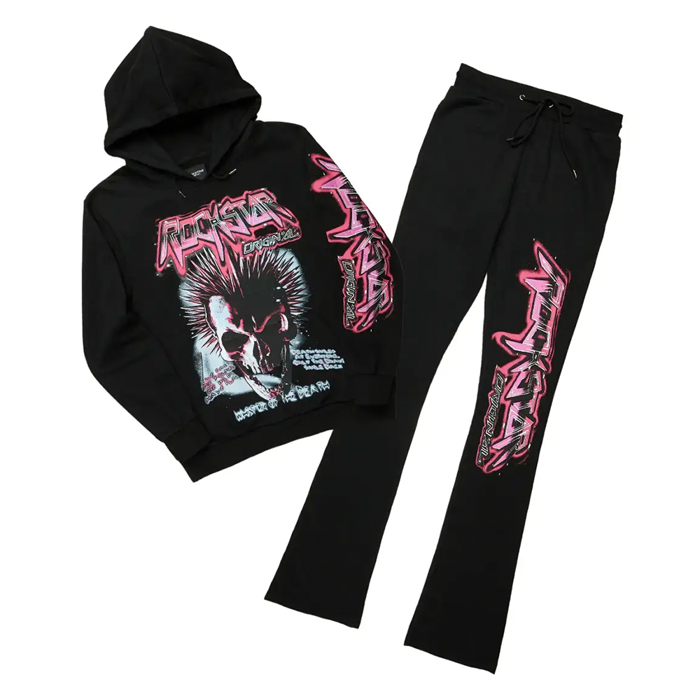 Obern Black/Pink Graphic Hoodie/Stacked Flare Pant Track Set (2-Piece)